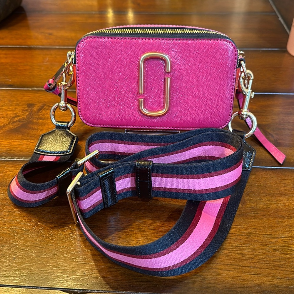 Fun pink, red & black Marc Jacobs with matching striped adjustable guitar strap